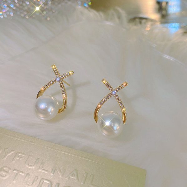 Elegant Golden Cross Pearl Zircon Unique Design Earrings